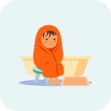 cute toddler child standing wrapped in warm orange bath towel after fresh shower vector.