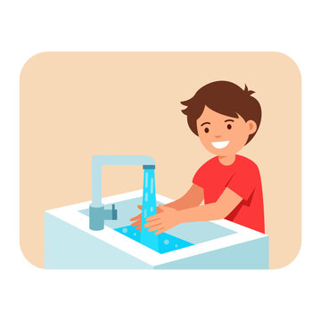 cheerful young boy washing hands at water tap sink for daily clean health habits vector