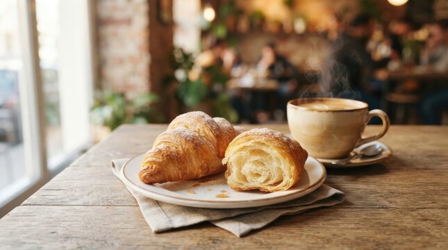 Warm, steaming coffee and fresh croissants on a rustic wooden table in a cozy cafe
