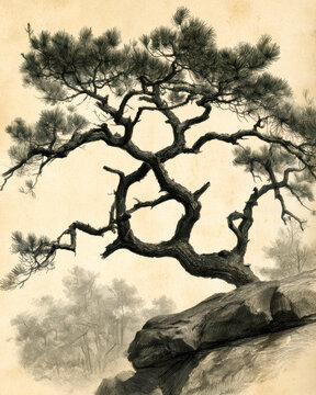 Vintage Botanical Engraving of a Solitary Scots Pine &ndash; AI Generative