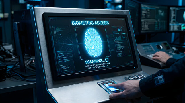 Glowing Blue Fingerprint Scan Displayed on a Security Screen