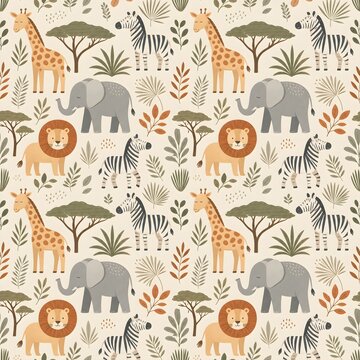 Wild safari jungle animal seamless pattern featuring cute lions elephants giraffes zebras and tropical leaves for baby nursery decor wallpaper and pod