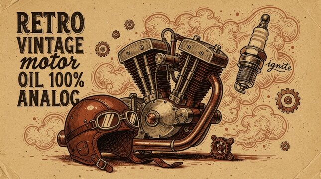 Vintage motorcycle engine with leather biker helmet and goggles on textured background. Classic V-twin motor illustration featuring spark plug and gears. Retro garage concept for branding.