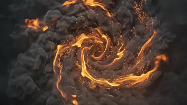 A bright orange fire vortex swirling within dark gray smoke clouds