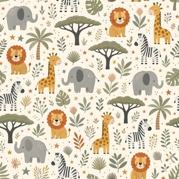 Cute safari jungle animals seamless pattern with lion elephant giraffe zebra and acacia trees for kids nursery wallpaper clothing and print on demand