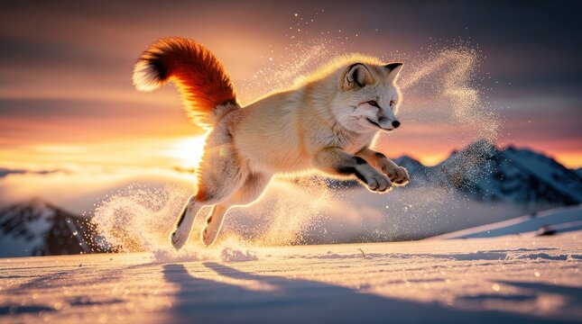 Fluffy fox leaping through deep snow at mountain sunset. Wild animal jumping in winter landscape with golden light and particles. Nature motion concept for wildlife and seasonal marketing.