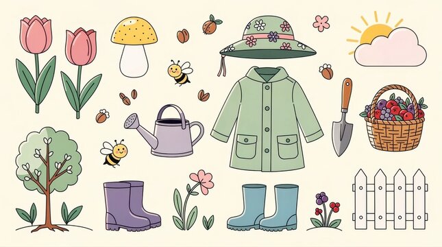 Cute gardening sticker set with outdoor tools and flowers. Hand-drawn icons include boots, watering can, and bees. Spring garden graphics for scrapbooking and seasonal marketing.