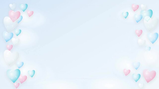 Abstract romantic motion background featuring glowing pastel crystal hearts in pink and blue shades on a soft ethereal light surface