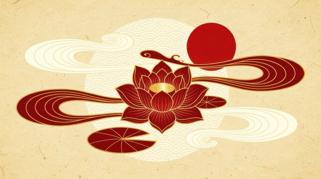 Red lotus flower and sun in traditional Japanese illustration style. Stylized clouds and wave patterns decorate a textured paper background. Zen aesthetic design for cultural festivals and branding.
