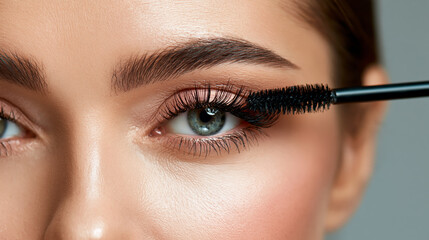 Naklejka premium Close-up of woman applying mascara to long lashes for glam beauty and eye makeup look