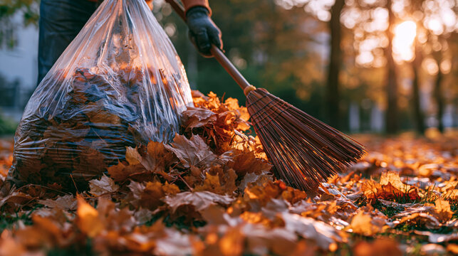 Person raking and bagging autumn leaves in a backyard at golden hour during fall cleanup