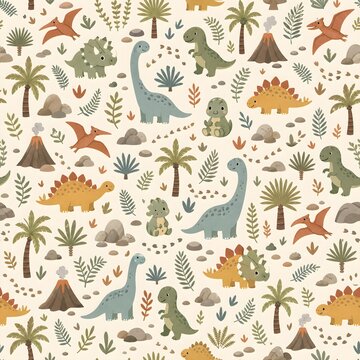 Cute dinosaur seamless pattern with prehistoric volcano palm trees and plants background for boys nursery wallpaper kids clothing fabric tumbler POD print design