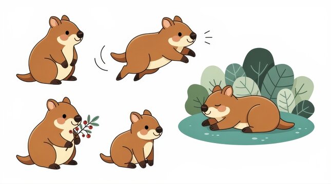 Cute quokka character set in various poses like jumping and sleeping. Cartoon illustration of the Australian marsupial with nature elements. Ideal for educational content and wildlife branding.