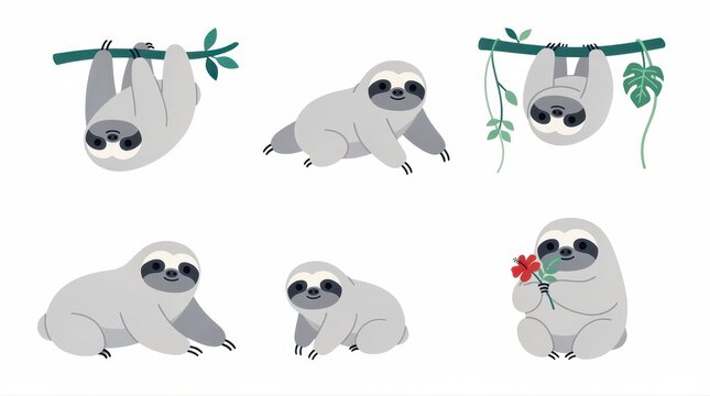 Cute sloth character set showing various poses like hanging from branches and sitting. Flat vector illustration of slow-moving tropical mammals. Jungle wildlife design for nursery and stickers.