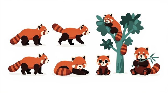 Cute red panda character set in various poses. Vector illustrations featuring walking, sleeping, climbing, and eating bamboo. Mascot design and wildlife education concept for children.