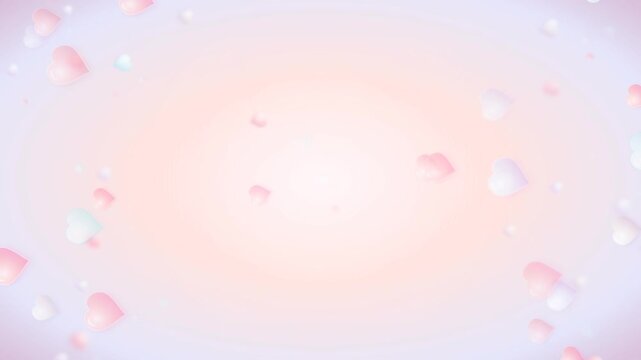 Dreamy abstract motion of soft pastel glass hearts floating over a romantic pink and purple gradient background loop.