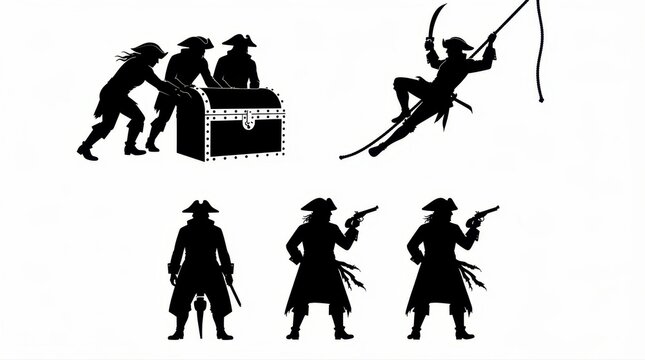Pirate silhouettes featuring buccaneers swinging on ropes and carrying treasure chests. Black vector figures of sea raiders with swords and pistols. Adventure concept for graphic design assets.