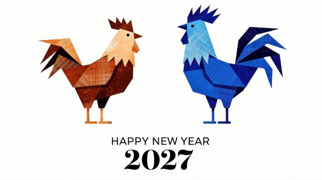 Stylized red and blue roosters standing above Happy New Year 2027 text. Geometric collage illustration with paper texture and minimalist layout. Festive greeting card design for holiday promotions.