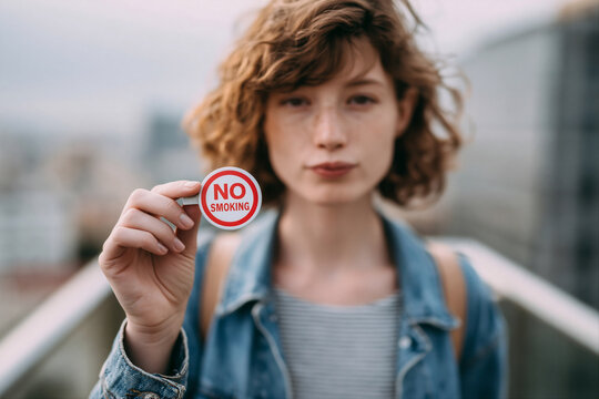 Girl holds a no smoking sign. Anti-nicotine campaign, No smoking day, healthy lifestyle promotion concept. Lifestyle portrait for poster