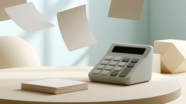 Blank paper sheets floating above coffee table with matte calculator and geometric shapes