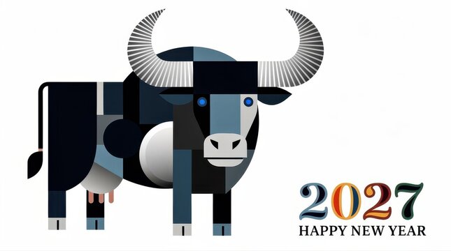Geometric abstract bull illustration for 2027 Happy New Year. Minimalist Bauhaus style graphic with sharp lines and festive greeting. Lunar calendar zodiac concept for seasonal marketing.