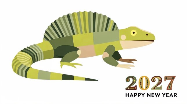 Stylized geometric lizard illustration for Happy New Year 2027. Modern flat design reptile with mosaic patterns on white background. Festive greeting card concept for seasonal marketing.