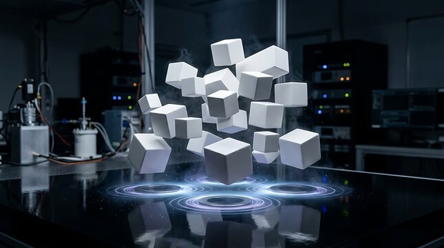 Futuristic Scientific Research Lab Featuring Floating Geometric White Cubes Hovering Above Advanced Light Projection Technology Surface