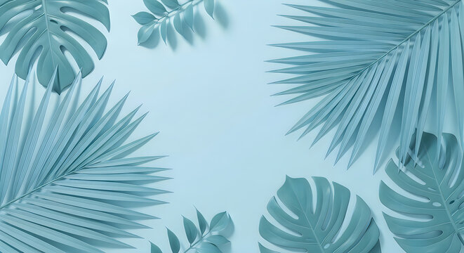Top view of various tropical monstera and palm leaves arranged on a soft light blue background with copy space area
