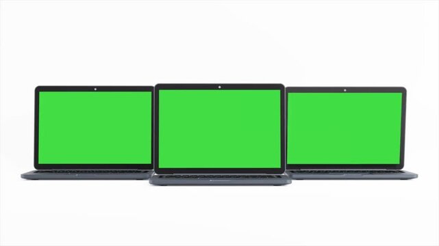 Three green screen laptop mockups, horizontal chromakey displays, isolated white studio background, computer mockup, 4k video