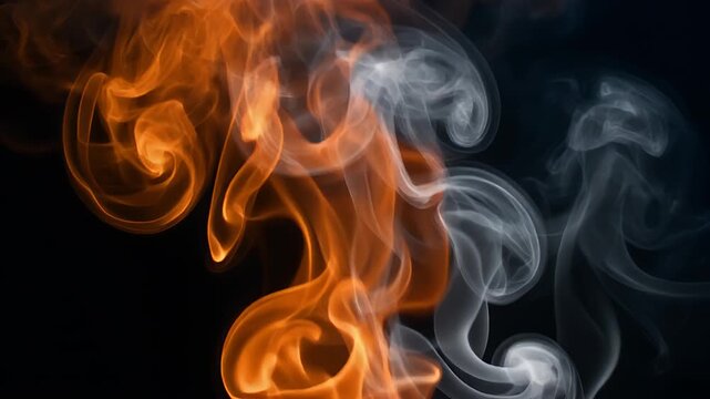 Abstract Swirls of Orange and White Smoke Against Black Background.