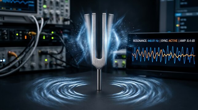 A precision metal tuning fork vibrating with sonic energy waves within a professional laboratory sound analysis and audio research environment