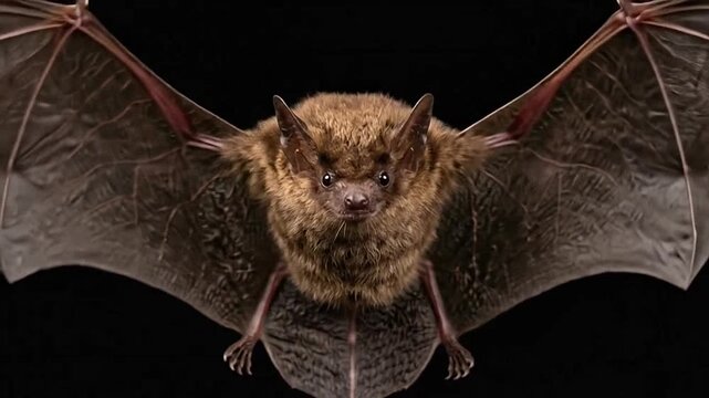 A small brown bat flying against a dark black background
