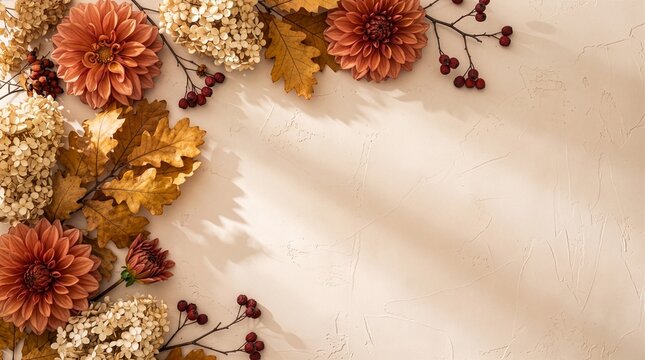 Autumn Floral Arrangement with Dahlia Flowers Oak Leaves Hydrangeas and Berries on Beige Background