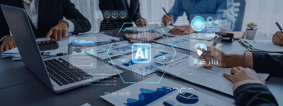Business Meeting Focused on Artificial Intelligence Implementation with Digital Analytics and Data Visualization on Conference Table Sigmoid