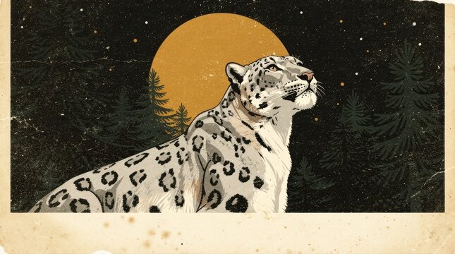 Snow leopard looking up at a full moon in a night forest. Vintage style illustration with pine trees and starry sky on textured paper. Mystical wilderness concept for retro art prints.
