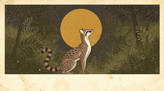 Stylized civet cat sits in a moonlit forest. Retro vintage illustration features a large yellow moon and dark foliage. Mystery and nocturnal nature concept for atmospheric wall art.