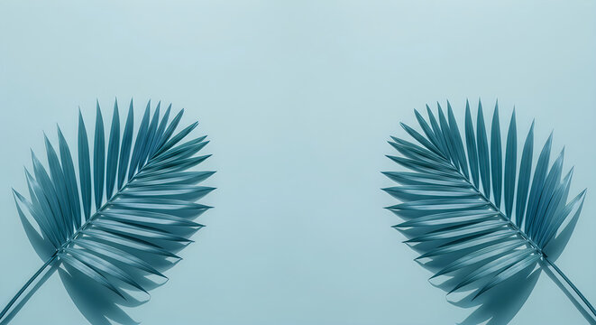 Two symmetrical tropical palm leaves isolated on a soft light blue background creating a minimalist summer vacation aesthetic design concept