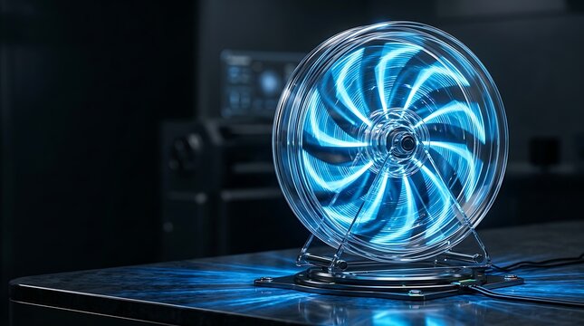 Futuristic computer cooling fan with bright neon blue LED illumination spinning on a desk in a dark room