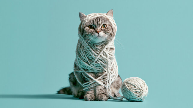 a funny realistic picture of a cat wrapped in a wool thread, full body, turquoise background
