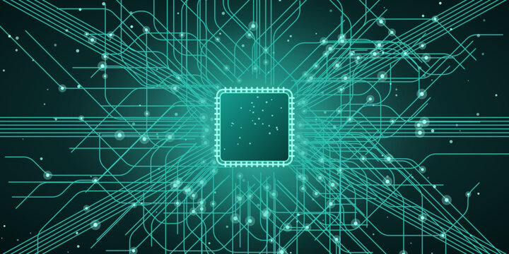 Luminous teal and cyan AI microchip background with a motherboard, a detailed motherboard circuit with a central processor, abstract tech concept for banner, website and branding, edition 4.