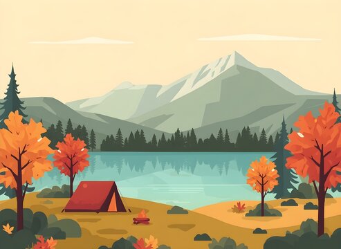 Modern flat vector illustration of a peaceful autumn campsite beside a calm mountain lake, colorful maple trees, cozy tent, layered mountains, clean geometric shapes, warm seasonal palette, spacious c