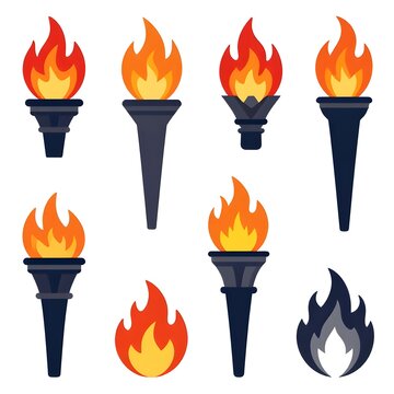 Flaming Torch and Fire Flame Vector Icons Set