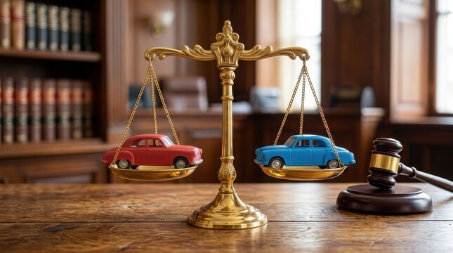 Golden scales balancing two toy cars in a law office setting , Dangerous crash accident, Distracted driving, Emergency response, Highway collision