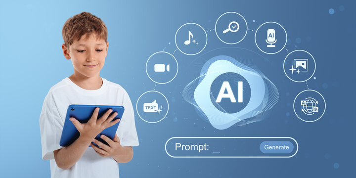 Child Using Tablet with Artificial Intelligence Hologram Interfa