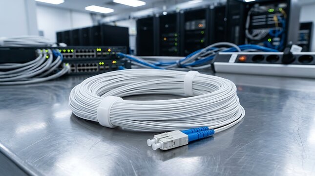 Coiled white fiber optic patch cable with dual LC connectors on a metallic workbench in a server room