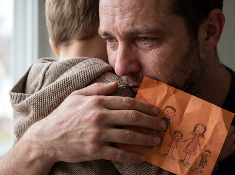 A father hugs his son with tears of joy, holding a gift from his child's drawing. Paternity, family love concept. For Father's Day. Close-up lifestyle portrait