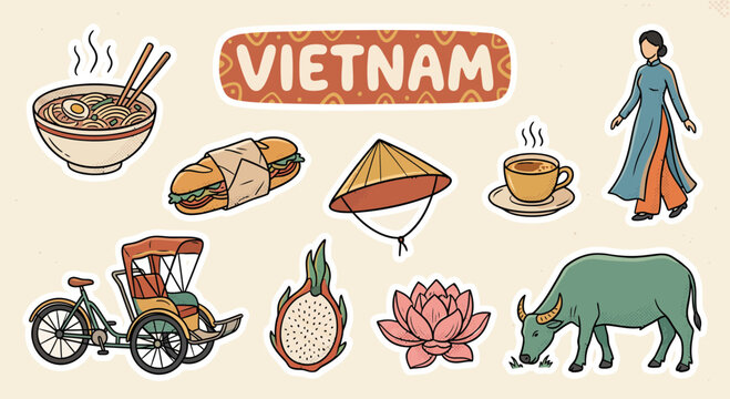 Vietnam travel icons set, pho, banh mi, cyclo rickshaw, lotus, water buffalo, ao dai, cone hat, coffee, dragon fruit, authentic cuisine