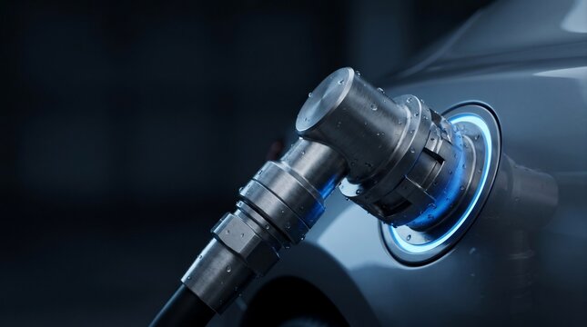 A close-up of a fuel nozzle filling a car with liquefied hydrogen. Hydrogen energy, alternative fuel concept. Macro shot for poster, presentation