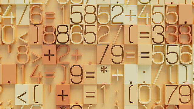 3D Textured Surface of Varied Numbers and Mathematical Symbols in Complex Arrangement with Dynamic Light and Shadow for Science, Engineering, and Data Visualization Applications
