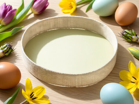 One wide woven cotton ribbon forming a broad gentle curve through spring copy space for spring, Easter, garden, food and seasonal retail campaign